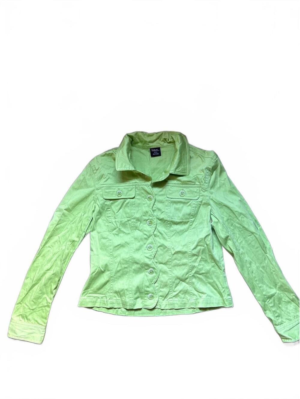 Tribal Lime Green Jacket Women’s Medium Button Front Utility Pocket Y2K Style